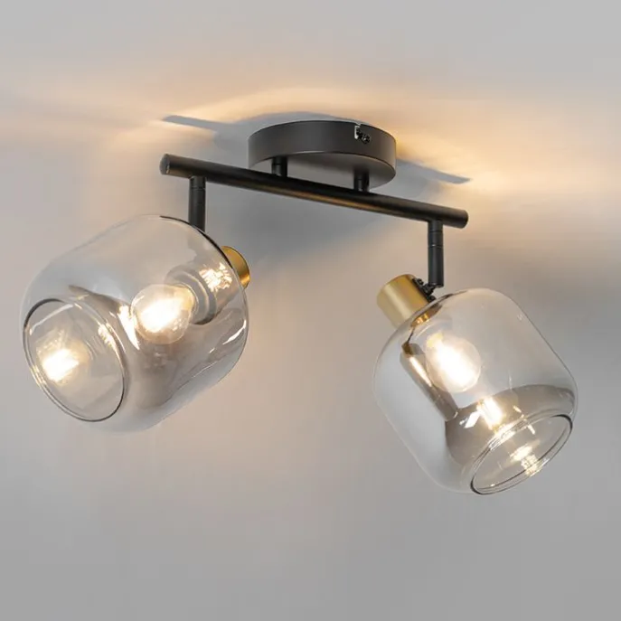 Plafondspot zwart met goud met smoke glas 2-lichts - Zuzanna