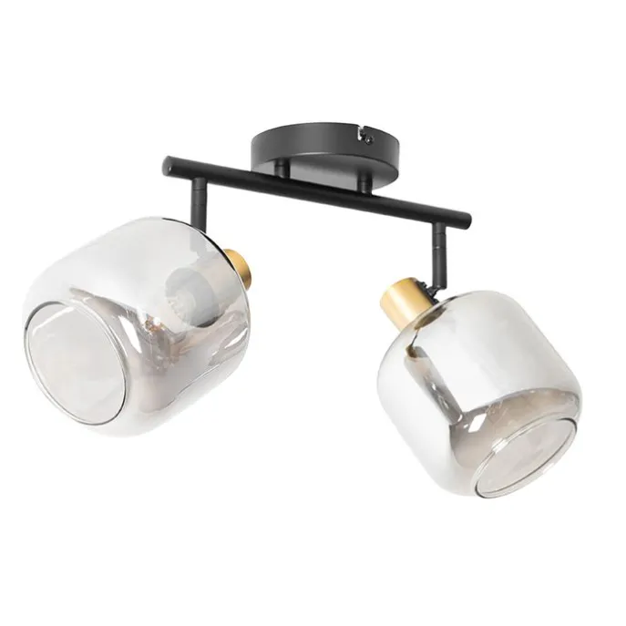 Plafondspot zwart met goud met smoke glas 2-lichts - Zuzanna