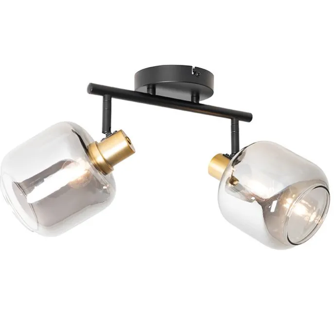 Plafondspot zwart met goud met smoke glas 2-lichts - Zuzanna