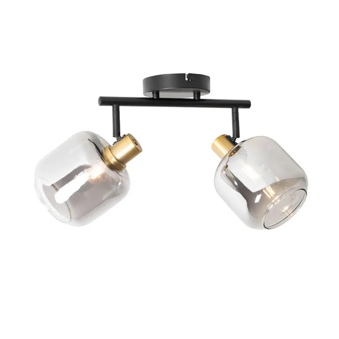 Plafondspot zwart met goud met smoke glas 2-lichts - Zuzanna