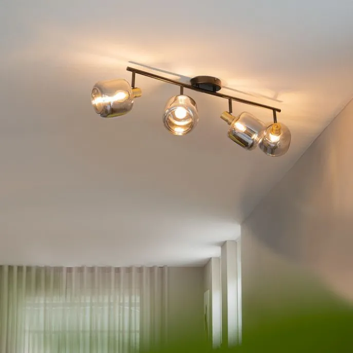 Plafondspot zwart met goud met smoke glas 4-lichts - Zuzanna