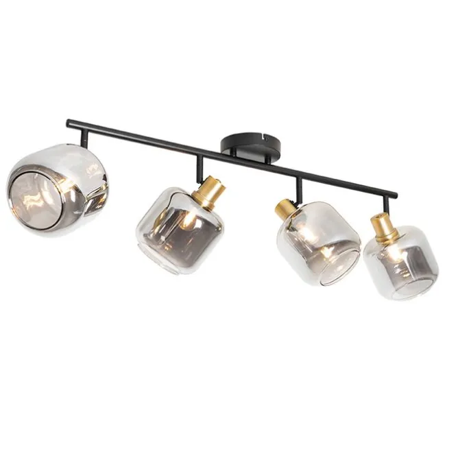 Plafondspot zwart met goud met smoke glas 4-lichts - Zuzanna