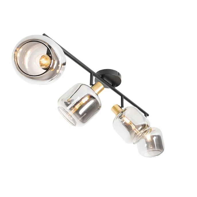 Plafondspot zwart met goud met smoke glas 4-lichts - Zuzanna