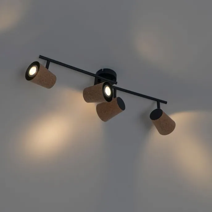 Plafondspot zwart met kurk kap 4-lichts verstelbaar - Corky
