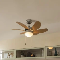 Plafondventilator staal met hout print 80cm met trekschakelaar - Fresh