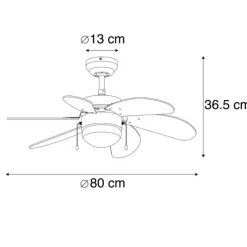 Plafondventilator wit met hout print 80cm met trekschakelaar - Fresh