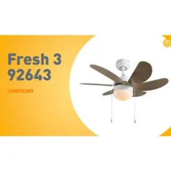 Plafondventilator wit met hout print 80cm met trekschakelaar - Fresh