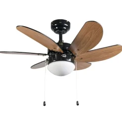 Plafondventilator zwart met hout print 80cm met trekschakelaar - Fresh
