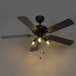 Plafondventilator zwart met hout print 107.5cm 3-lichts met trekschakelaar - Mistral Vidro