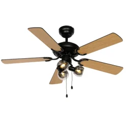 Plafondventilator zwart met hout print 107.5cm 3-lichts met trekschakelaar - Mistral Vidro