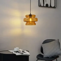 Retro hanglamp zwart met oranje glas - Denise