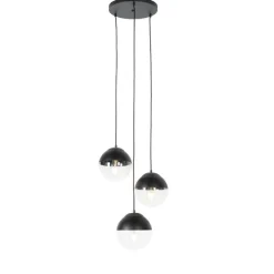 Retro hanglamp zwart met helder glas rond 3-lichts - Eclipse