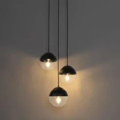 Retro hanglamp zwart met helder glas rond 3-lichts - Eclipse