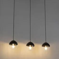 Retro hanglamp zwart met helder glas langwerpig 3-lichts - Eclipse