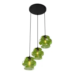 Retro hanglamp zwart met groen glas 3-lichts - Denise