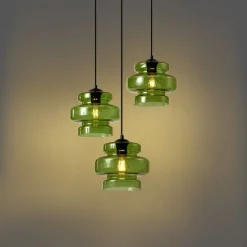 Retro hanglamp zwart met groen glas 3-lichts - Denise