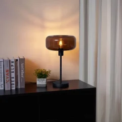 Retro tafellamp zwart met brons glas - Bizle