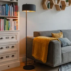 Retro vloerlamp zwart met gouden binnenkant - Jinte