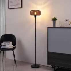 Retro vloerlamp zwart met brons glas - Bizle