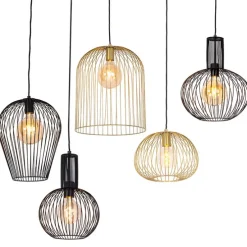 Set van 5 design hanglampen zwart en goud - Wires