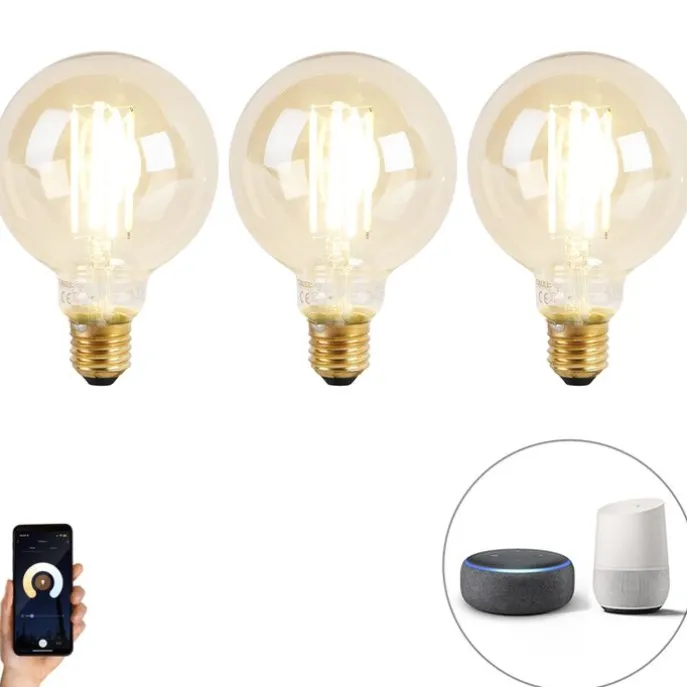 Set van 3 smart E27 dim to warm LED lampen G95 goldline 7W 806 lm 1800K - 3000K