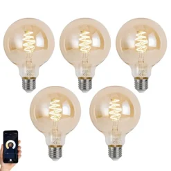 Set van 5 Smart E27 dimbare LED lampen G95 amber 4.9W 320 lm 2500K