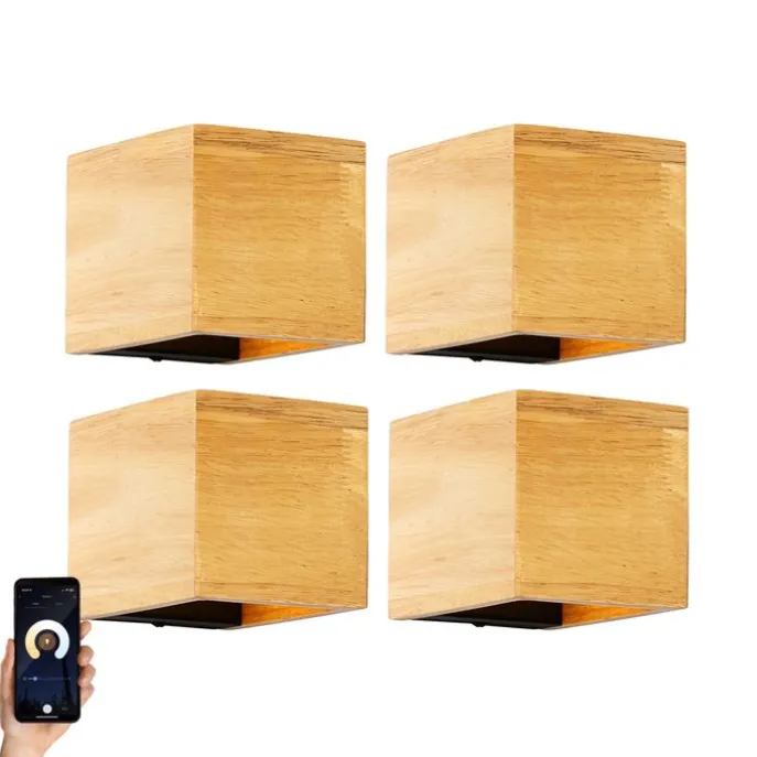 Set van 4 smart wandlamp eiken hout incl. Wifi G9 - Transfer