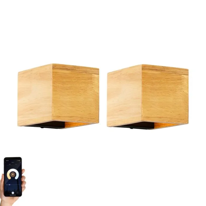 Set van 2 smart wandlamp eiken hout incl. Wifi G9 - Transfer