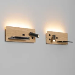 Set van 2 wandlamp zwart met hout incl. LED met USB en inductielader - Riza