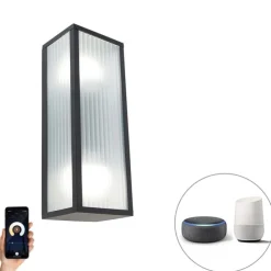 Smart buiten wandlamp zwart met ribbel glas incl. 2 Wifi A60 - Charlois