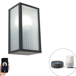 Smart buiten wandlamp zwart met ribbel glas incl. Wifi A60 - Charlois
