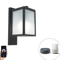 Smart buiten wandlantaarn zwart met ribbel glas incl. Wifi A60 - Charlois