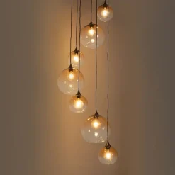 Smart hanglamp donkerbrons met amber glas 7-lichts incl. 7 Wifi A60 - Sandra