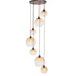 Smart hanglamp donkerbrons met amber glas 7-lichts incl. 7 Wifi A60 - Sandra
