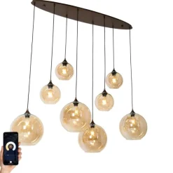 Smart hanglamp donkerbrons met amber glas ovaal 8-lichts incl. 8 Wifi G95 - Sandra