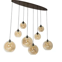 Smart hanglamp donkerbrons met amber glas ovaal 8-lichts incl. 8 Wifi G95 - Sandra