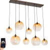 Smart hanglamp donkerbrons met amber glas 8-lichts incl. 8 Wifi G95 - Sandra