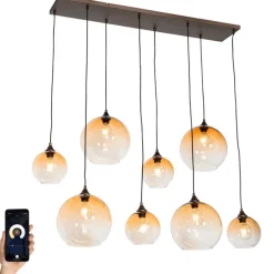 Smart hanglamp donkerbrons met amber glas 8-lichts incl. 8 Wifi G95 - Sandra