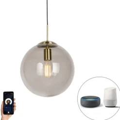 Smart hanglamp messing met smoke glas 30 cm incl. Wifi ST64 - Ball