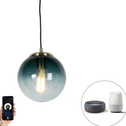 Smart hanglamp messing met oceaanblauw glas 20 cm incl. Wifi ST64 - Pallon