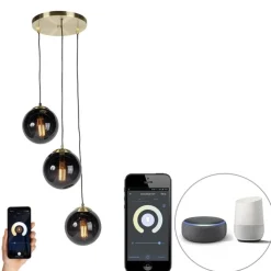 Smart hanglamp messing met zwarte glas 3-lichts incl. Wifi ST64 - Pallon
