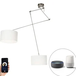 Smart hanglamp staal met kap 35 cm wit incl. 2 Wifi A60 - Blitz