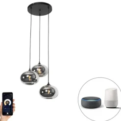 Smart hanglamp zwart met smoke glas incl. 3 Wifi P45 - Busa