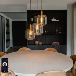 Smart hanglamp zwart met messing en amber glas 3-lichts incl. 3 Wifi G95 - Zuzanna