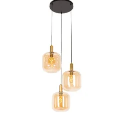 Smart hanglamp zwart met messing en amber glas 3-lichts incl. 3 Wifi G95 - Zuzanna