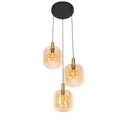 Smart hanglamp zwart met messing en amber glas 3-lichts incl. 3 Wifi G95 - Zuzanna