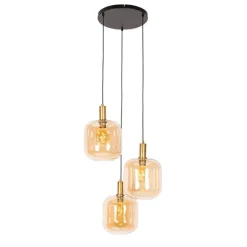 Smart hanglamp zwart met messing en amber glas 3-lichts incl. 3 Wifi G95 - Zuzanna