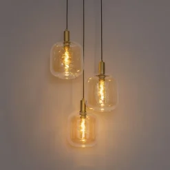 Smart hanglamp zwart met messing en amber glas 3-lichts incl. 3 Wifi G95 - Zuzanna