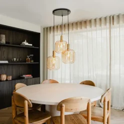 Smart hanglamp zwart met messing en amber glas 3-lichts incl. 3 Wifi G95 - Zuzanna