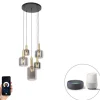 Smart hanglamp zwart met goud met smoke glas incl. 5 Wifi A60 - Zuzanna
